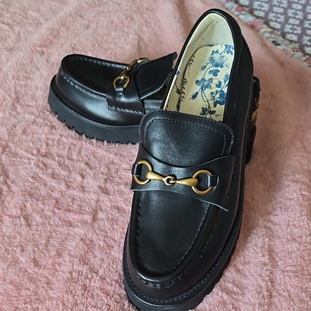Gold and Black Moccasin-Style Shoes with Chunky Sole
